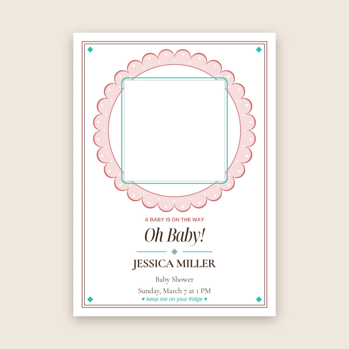 Baby shower invitation photo magnet card in the Lace Medallion design