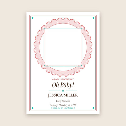Baby shower invitation photo magnet card in the Lace Medallion design