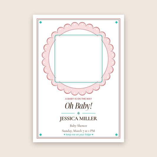Baby shower invitation photo magnet card in the Lace Medallion design