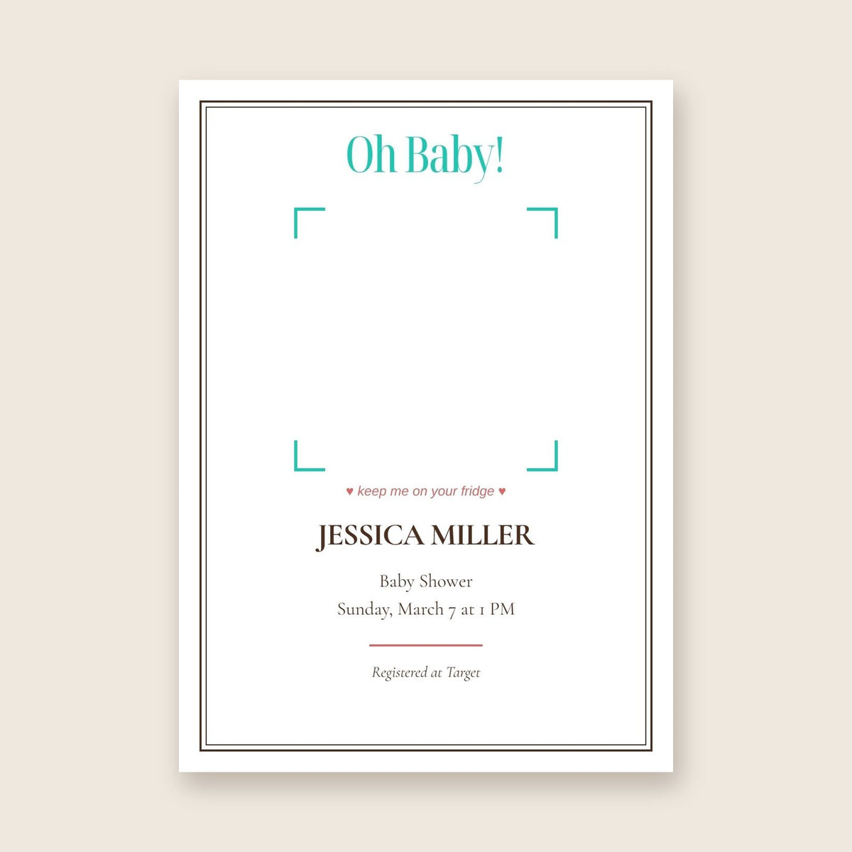 Baby shower invitation photo magnet card in the Framed Keepsake design