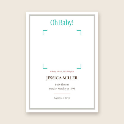 Baby shower invitation photo magnet card in the Framed Keepsake design