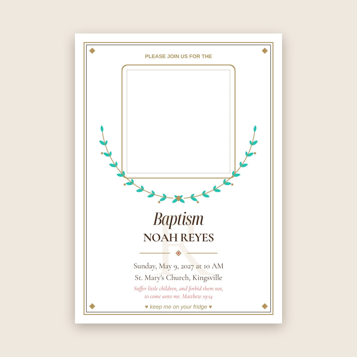 Baptism invitation photo magnet card in the Laurel Crest design