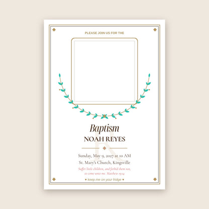 Baptism invitation photo magnet card in the Laurel Crest design