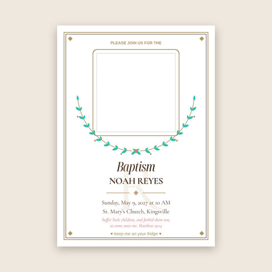 Baptism invitation photo magnet card in the Laurel Crest design