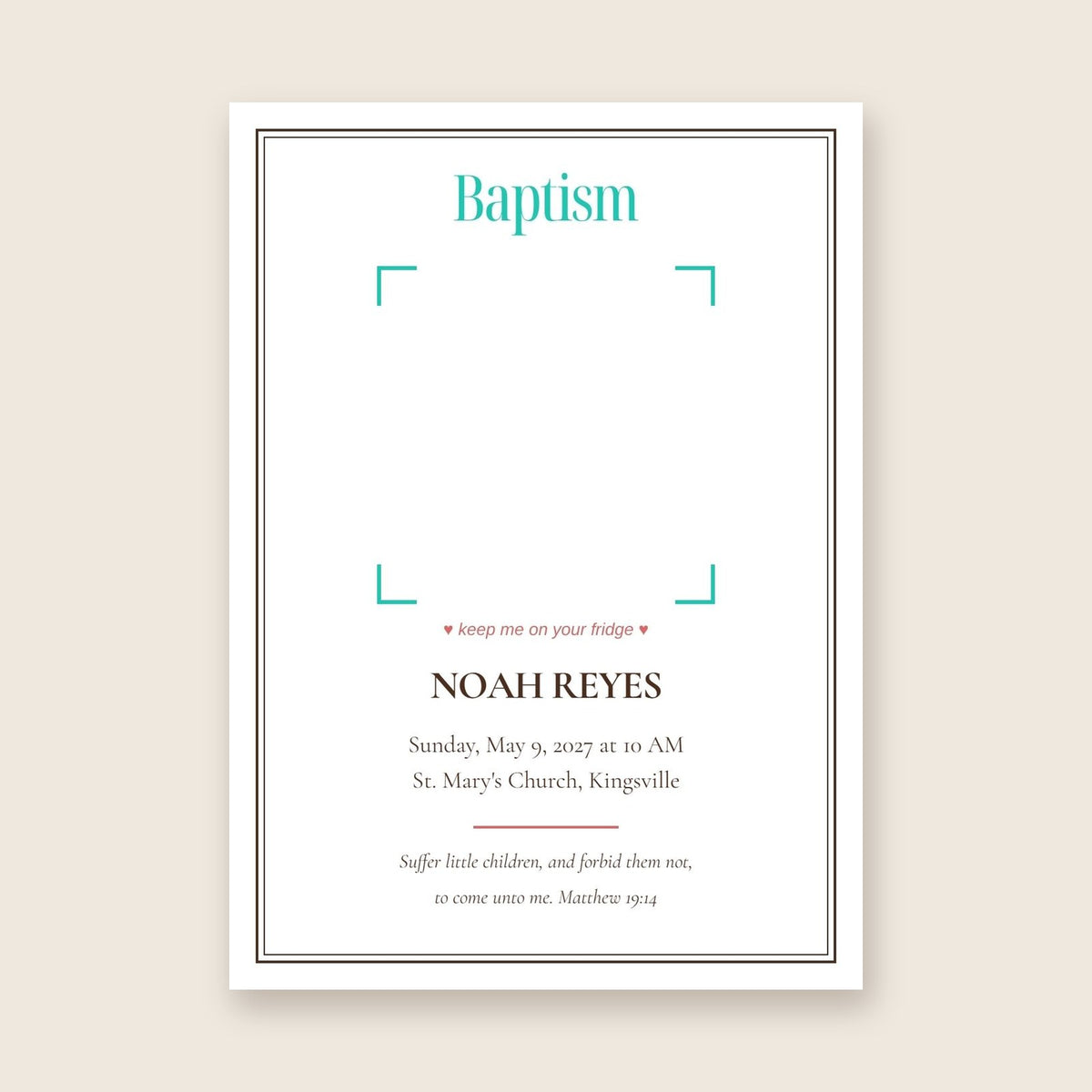 Baptism invitation photo magnet card in the Framed Keepsake design