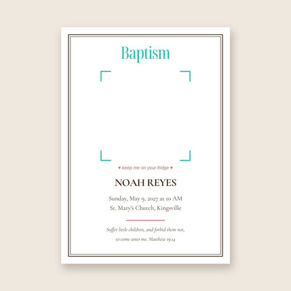 Baptism invitation photo magnet card in the Framed Keepsake design
