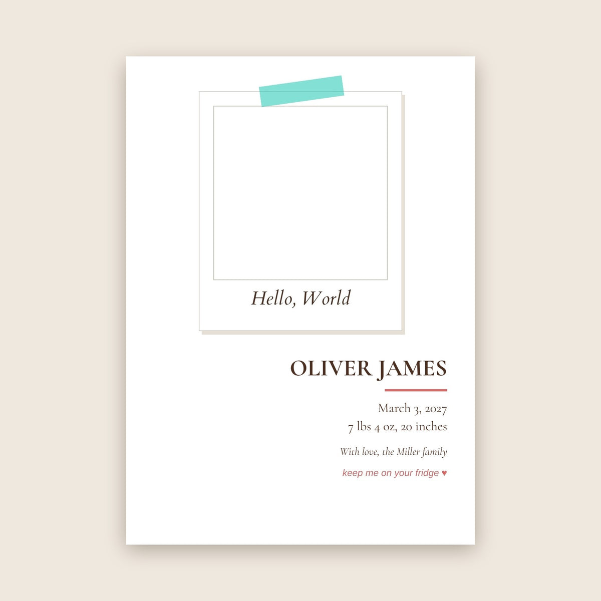 Birth announcement photo magnet card in the Polaroid Pop design