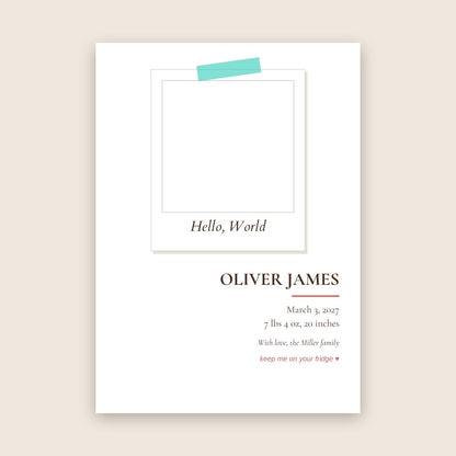 Birth announcement photo magnet card in the Polaroid Pop design