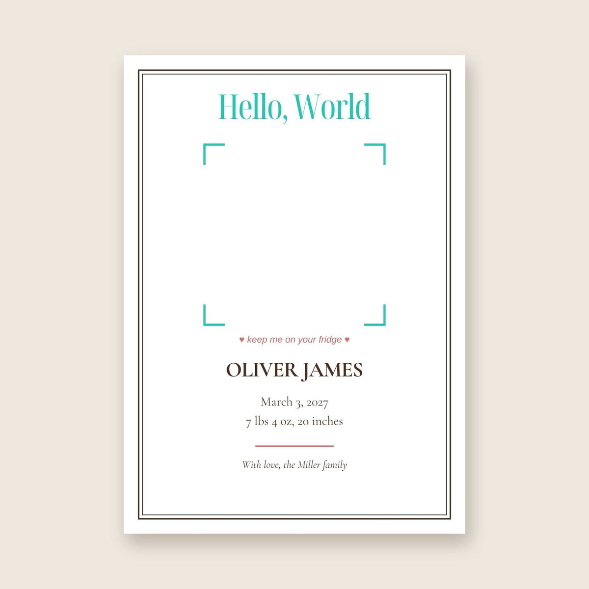 Birth announcement photo magnet card in the Framed Keepsake design