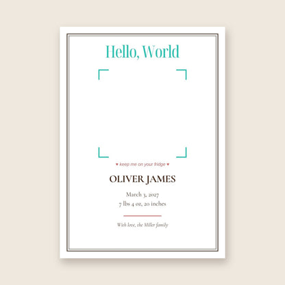 Birth announcement photo magnet card in the Framed Keepsake design