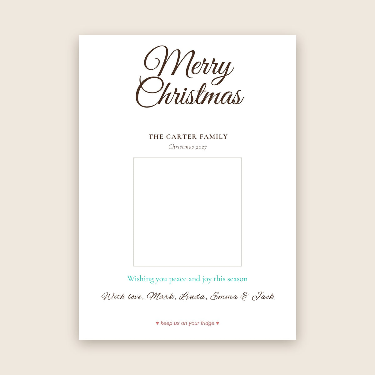 Christmas photo magnet card in the Big Script design