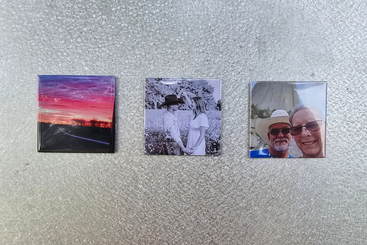 Three personalized photo magnets side by side