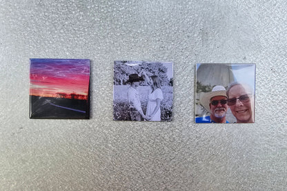 Three personalized photo magnets side by side