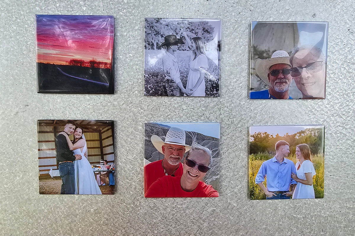 Set of 6 personalized photo magnets on a refrigerator