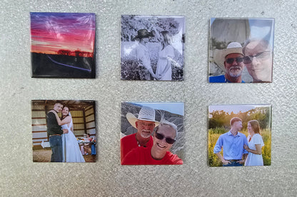 Set of 6 personalized photo magnets on a refrigerator