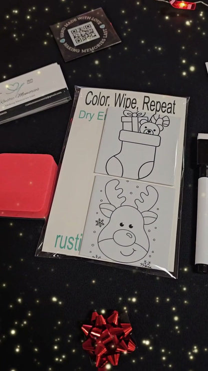 Dry erase coloring photo magnets kit with stocking and reindeer designs and dry erase markers