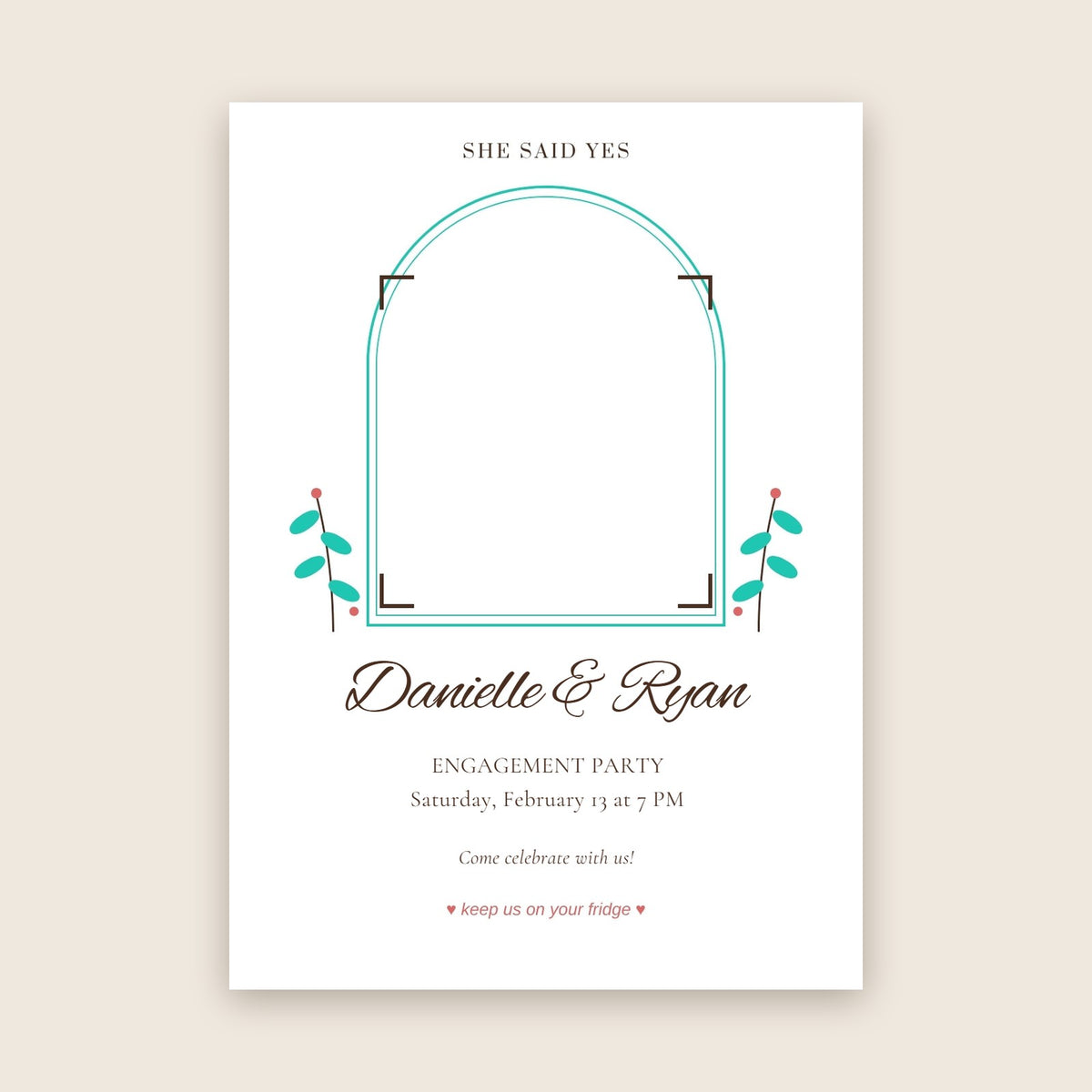 Engagement party invitation photo magnet card in the Arched Window design