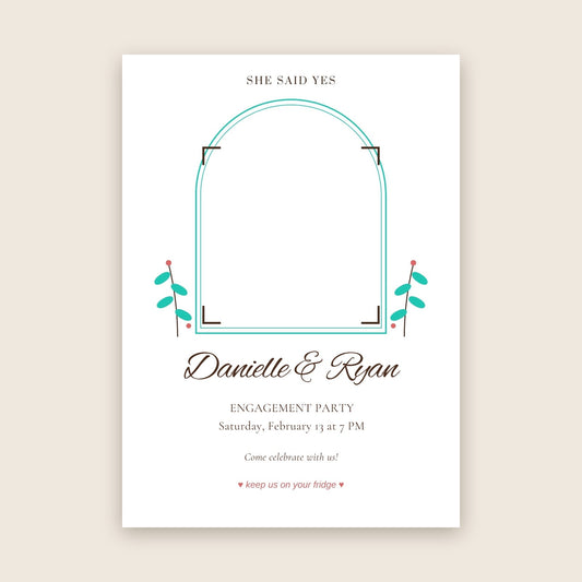 Engagement party invitation photo magnet card in the Arched Window design