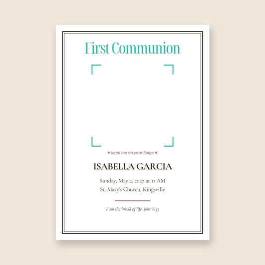First Communion invitation photo magnet card in the Framed Keepsake design