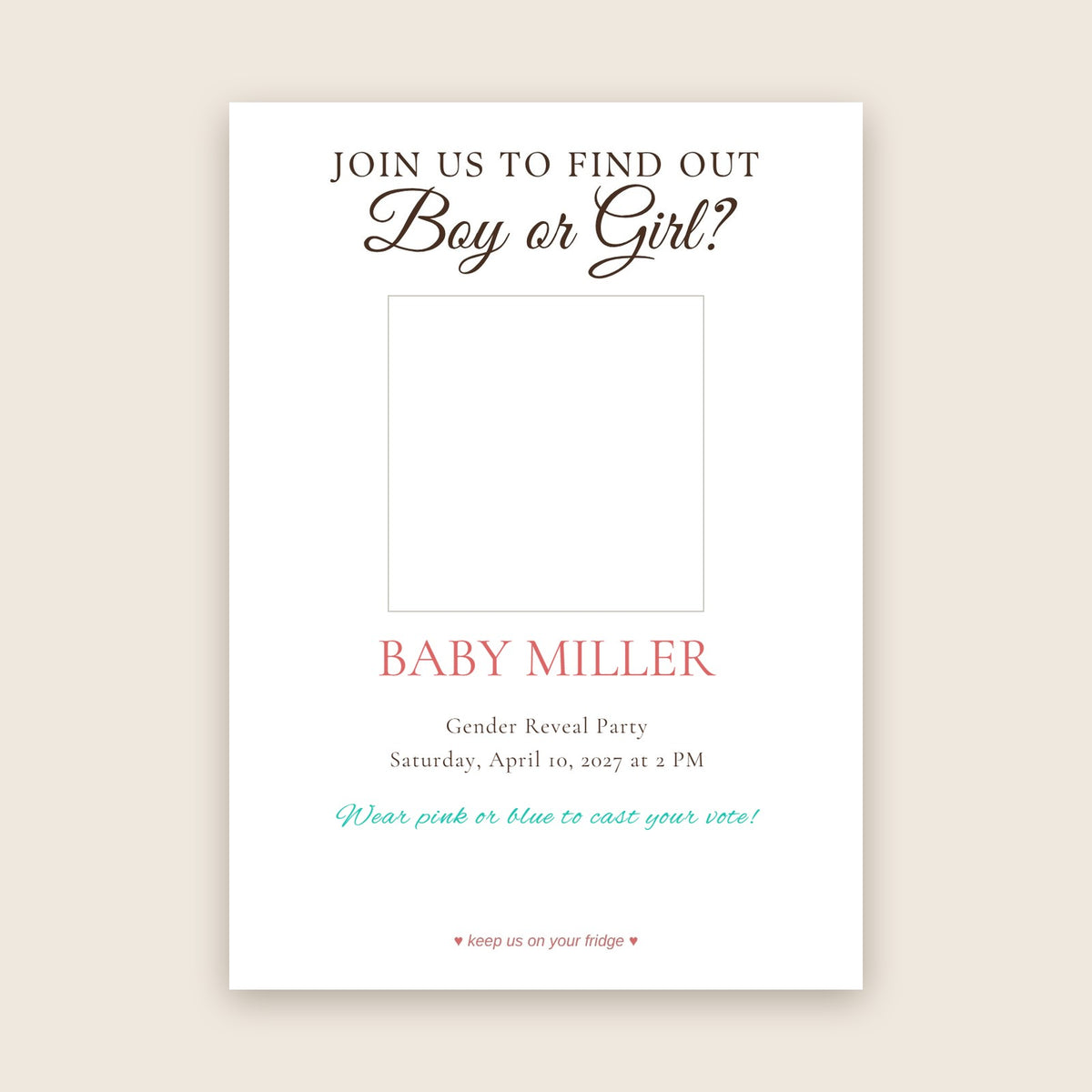 Gender reveal party invitation photo magnet card in the Party Invite design