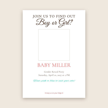 Gender reveal party invitation photo magnet card in the Party Invite design