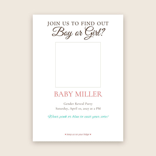 Gender reveal party invitation photo magnet card in the Party Invite design