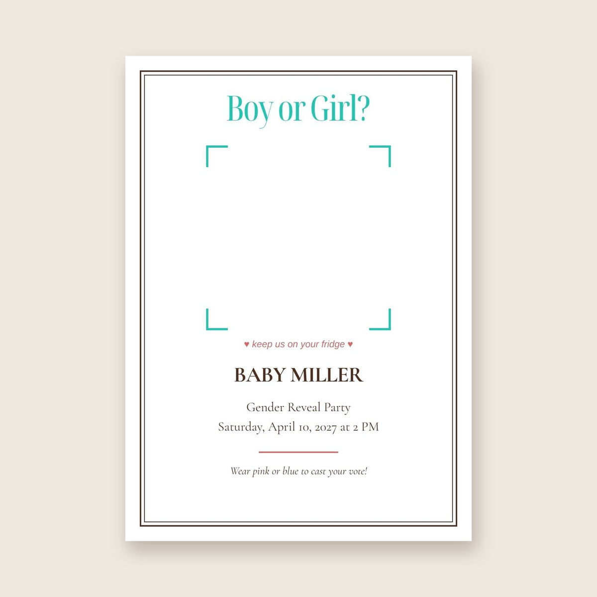 Gender reveal party invitation photo magnet card in the Framed Keepsake design