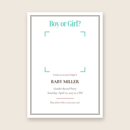 Gender reveal party invitation photo magnet card in the Framed Keepsake design