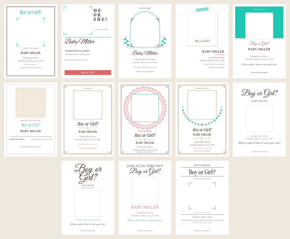 All 13 gender reveal invitation card designs to choose from