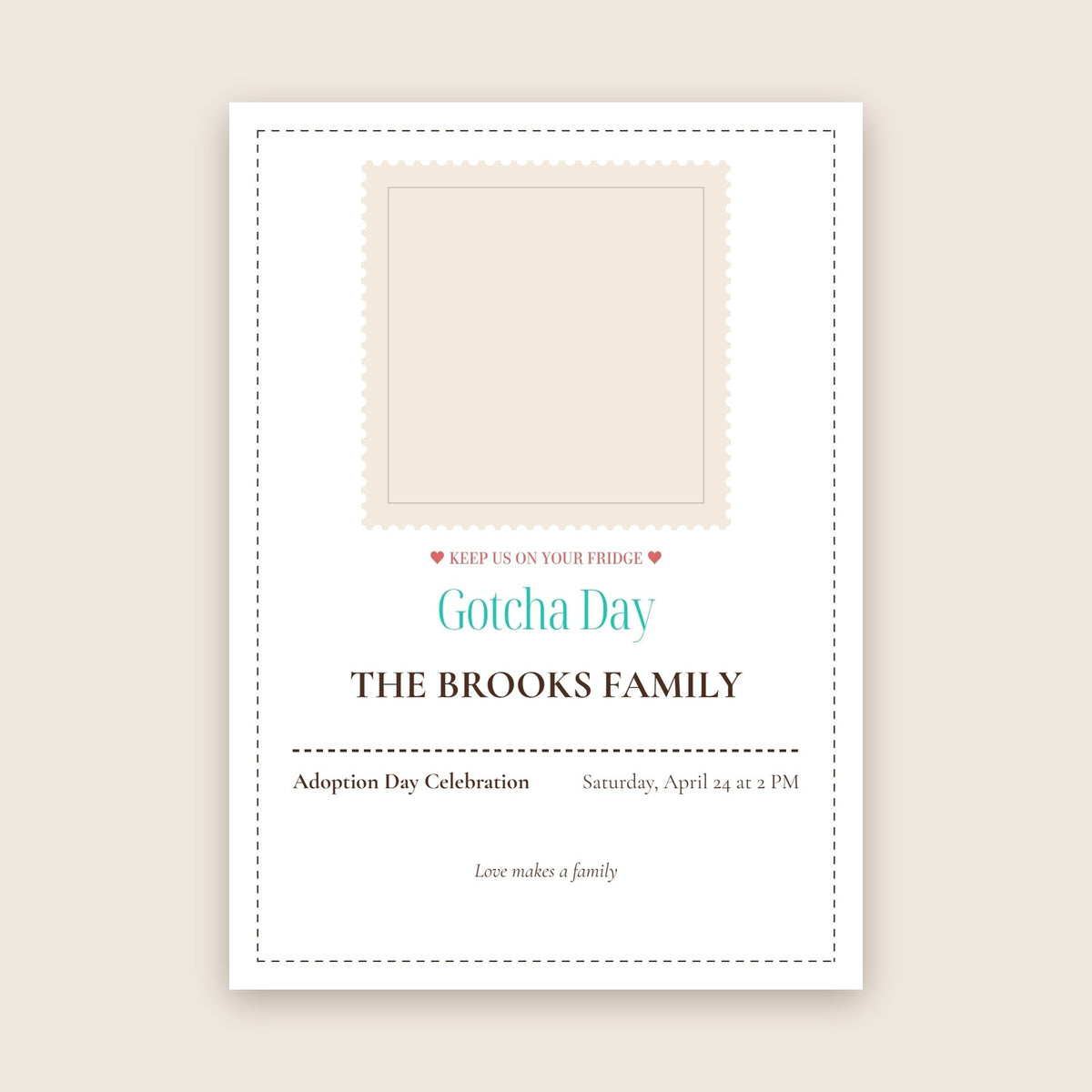 Gotcha Day adoption celebration photo magnet card in the Vintage Stamp design