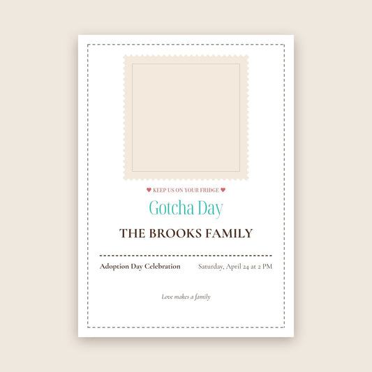 Gotcha Day adoption celebration photo magnet card in the Vintage Stamp design