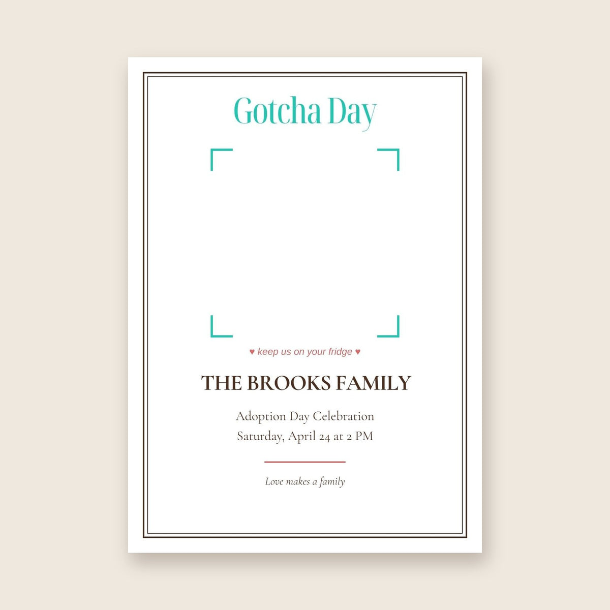 Gotcha Day adoption celebration photo magnet card in the Framed Keepsake design