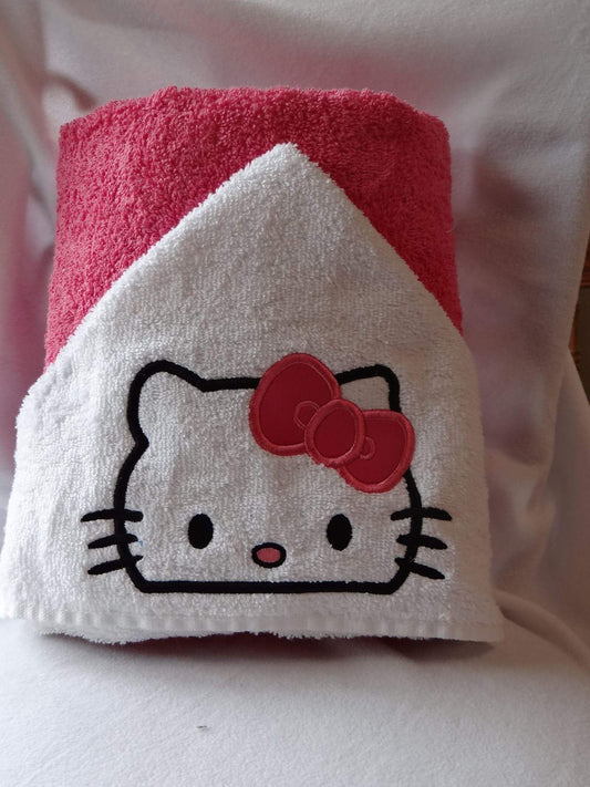 Hooded towel white kitty design appliqué