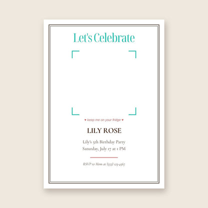 Kids birthday party invitation photo magnet card in the Framed Keepsake design