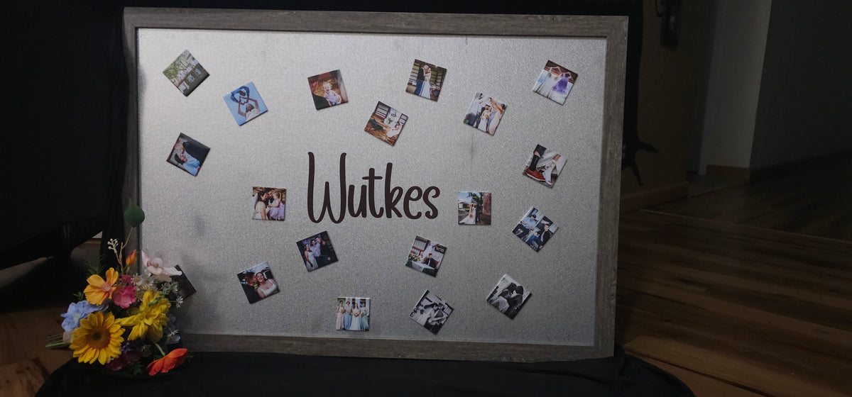 24 x 36 inch magnetic photo display frame with custom name and photo magnets