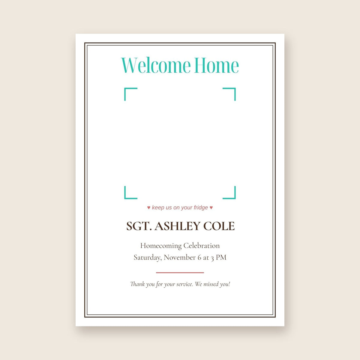 Military homecoming celebration photo magnet card in the Framed Keepsake design