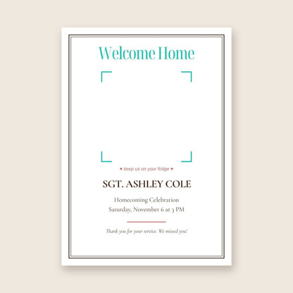 Military homecoming celebration photo magnet card in the Framed Keepsake design