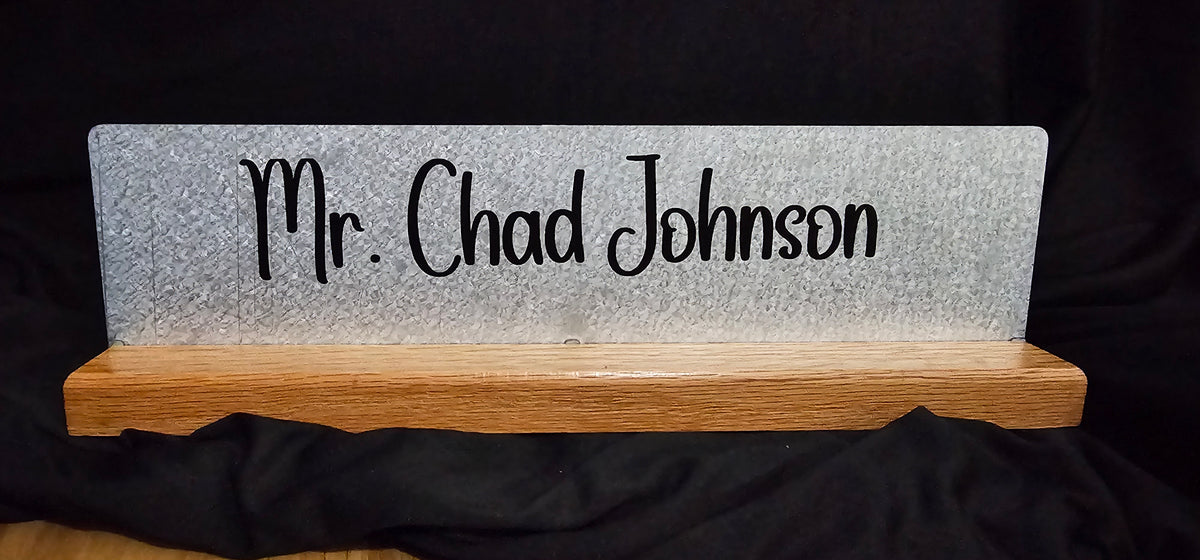 Oak photo magnet desk stand with a custom vinyl name