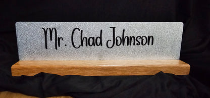 Oak photo magnet desk stand with a custom vinyl name