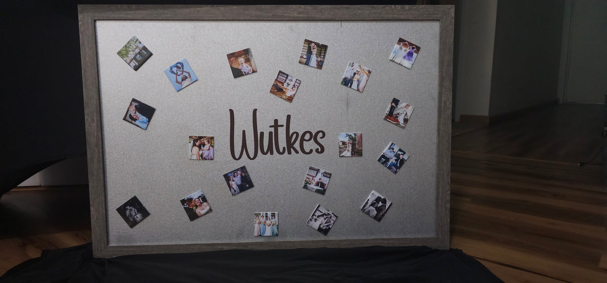 Large photo magnet display board personalized for a wedding