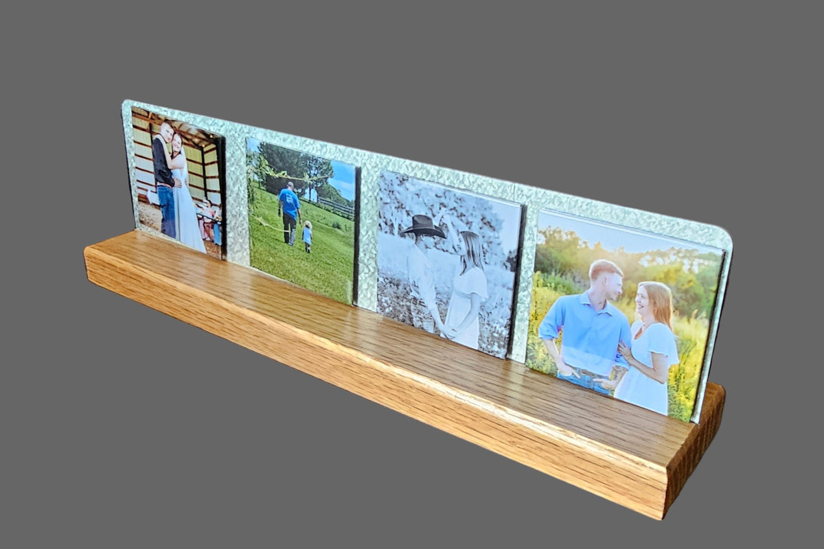 Photo magnet desk stand on a desk with family photos