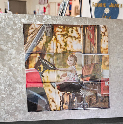 9 photo puzzle magnets assembled on a refrigerator
