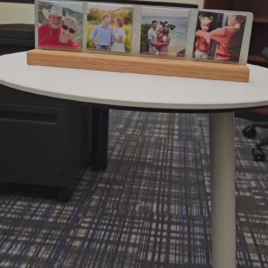 Video of solid oak photo magnet desk stand holding 4 custom photo magnets