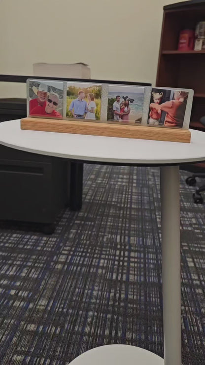 Video of solid oak photo magnet desk stand holding 4 custom photo magnets