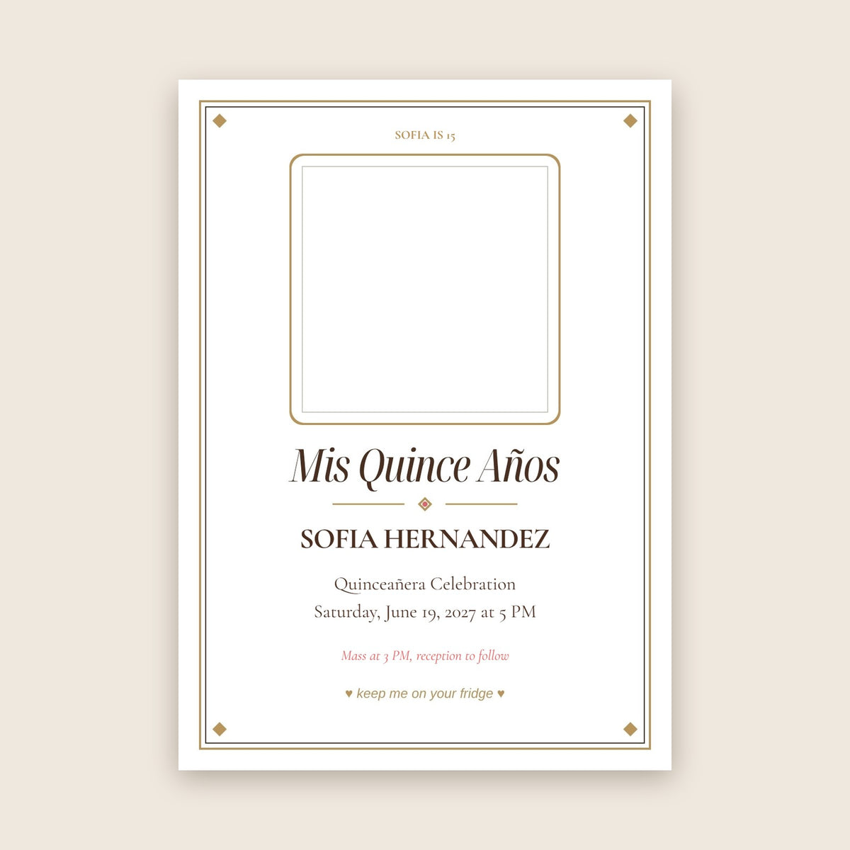 Quinceanera invitation photo magnet card in the Gilded Ornate design