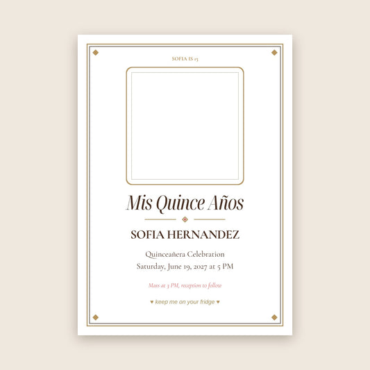 Quinceanera invitation photo magnet card in the Gilded Ornate design