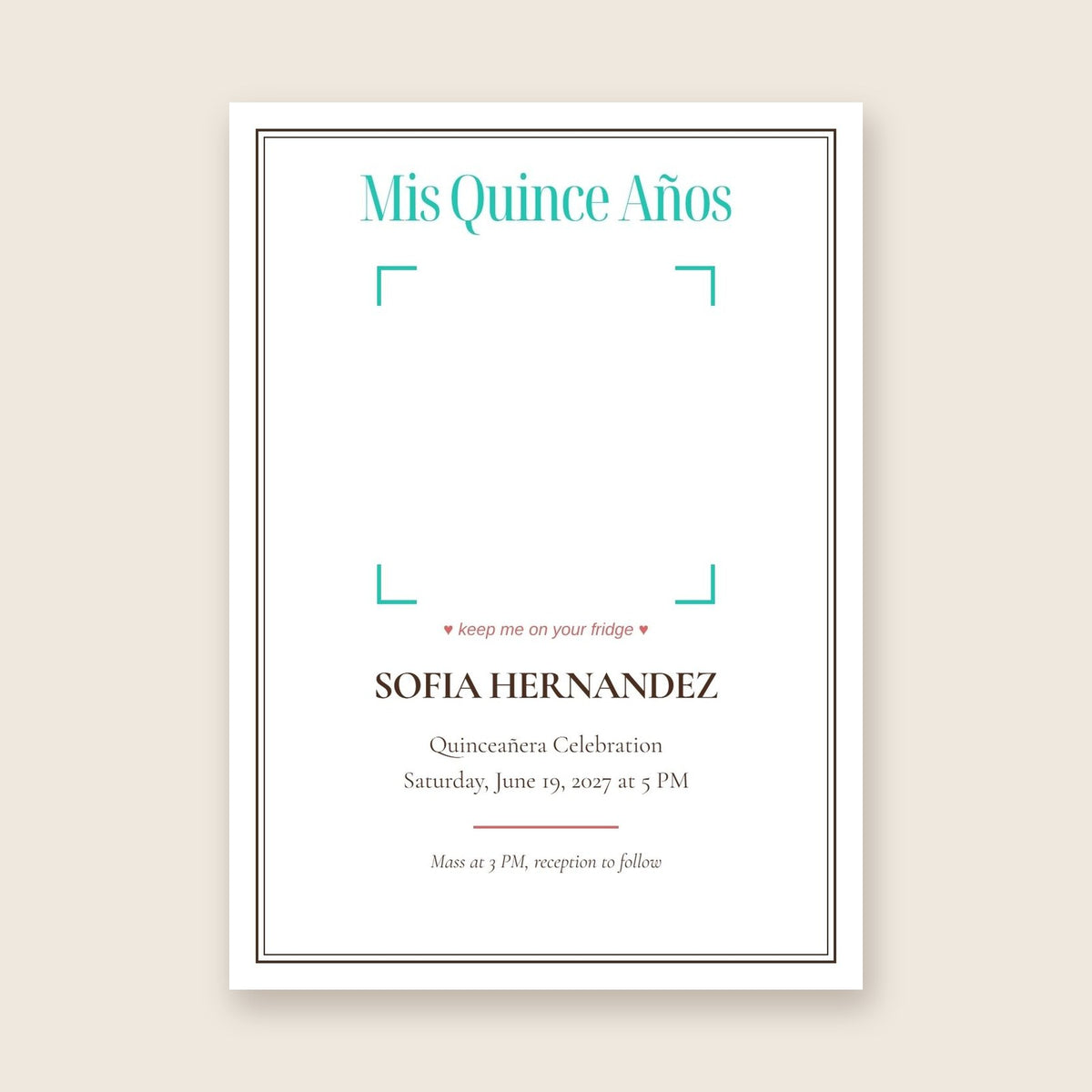 Quinceanera invitation photo magnet card in the Framed Keepsake design