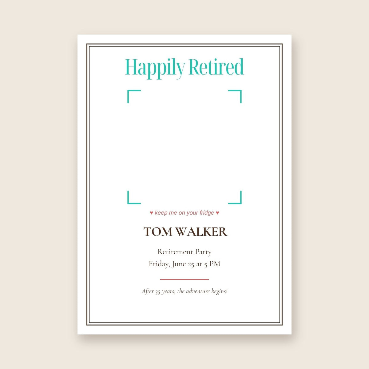 Retirement party invitation photo magnet card in the Framed Keepsake design