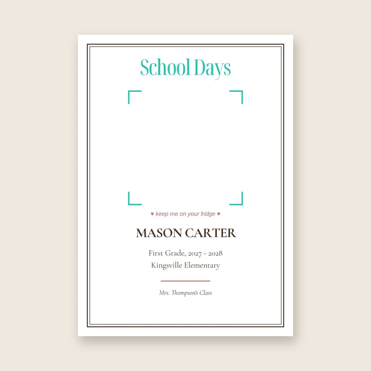 School photo keepsake magnet card in the Framed Keepsake design