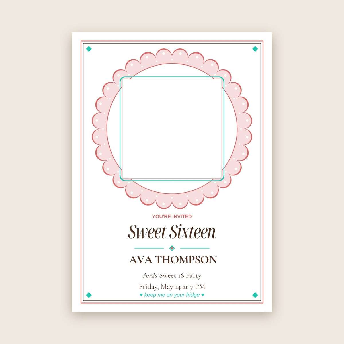 Sweet 16 party invitation photo magnet card in the Lace Medallion design
